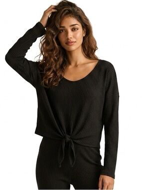EXPRESS | Waffle Knit Black Long Sleeve Top Tie Front Scoopneck Women’s Large